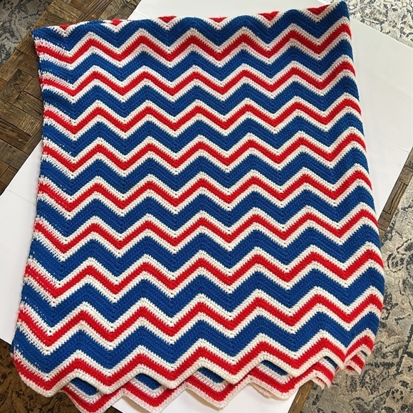 Handmade Crochet Afghan Blanket Red White Blue - Picture 1 of 4